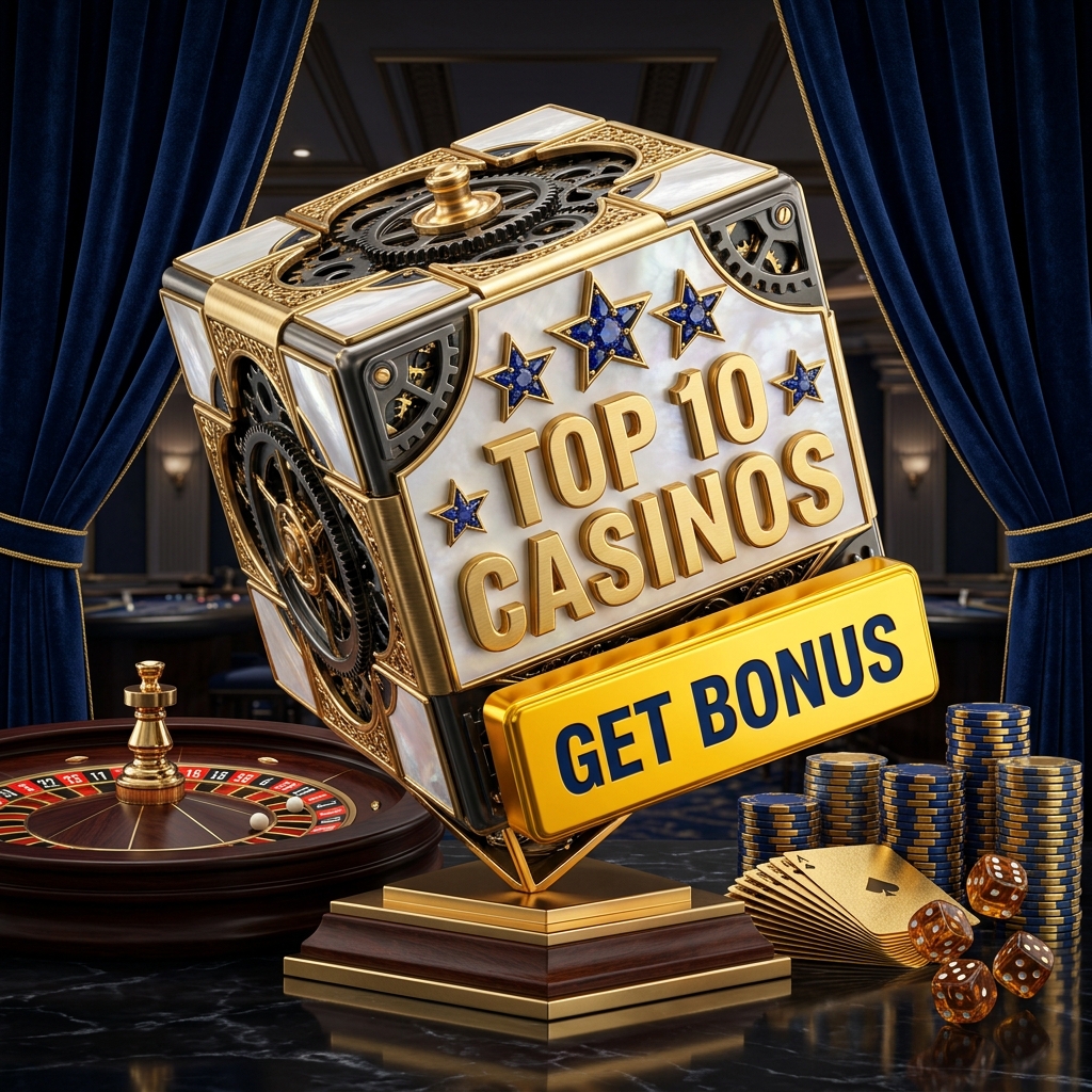 Ornate gold and pearl trophy with casino chips, cards and a roulette wheel